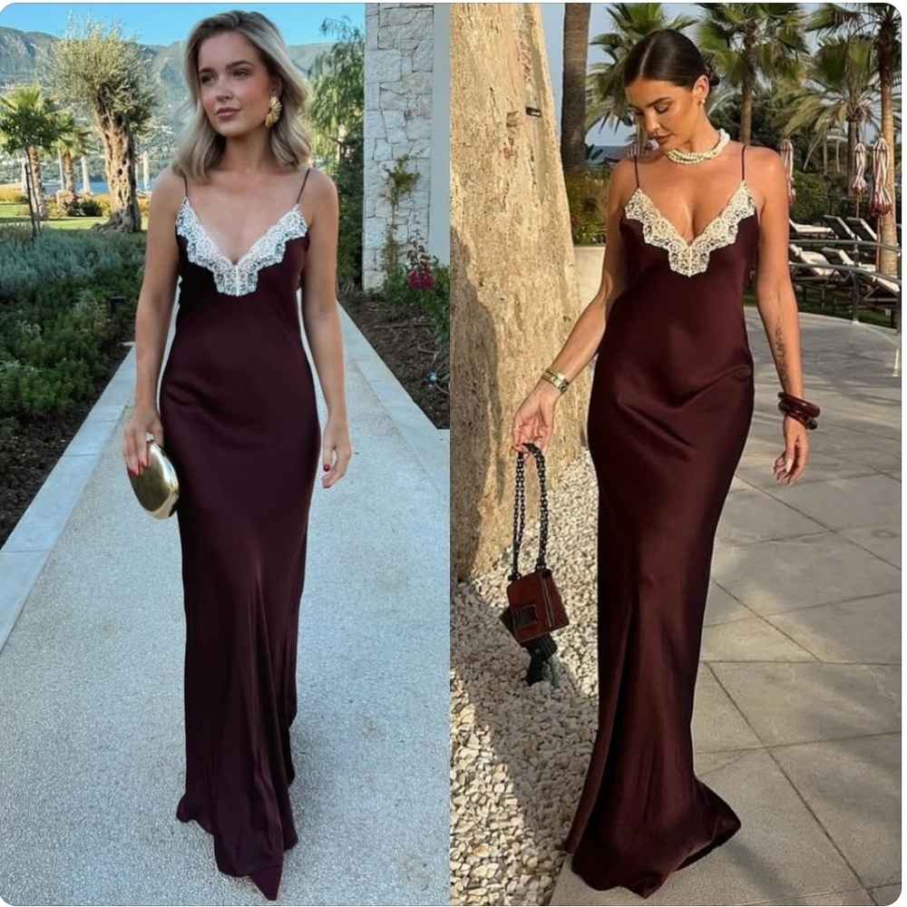 Zara Burgundy Maxi Slip Dress with Ivory Lace Trim